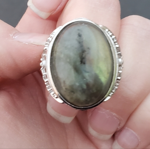 New Men's Labradorite Adjustable 925 Silver Ring. - Picture 8 of 16